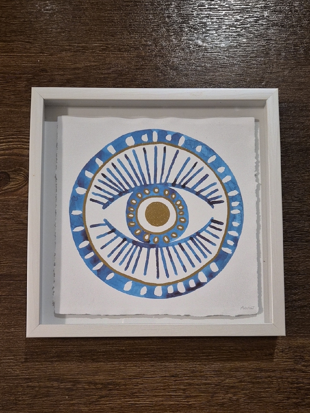Blue and Gold Eye Watercolor Framed Art Wood Glass 11.5" X 11.5"
